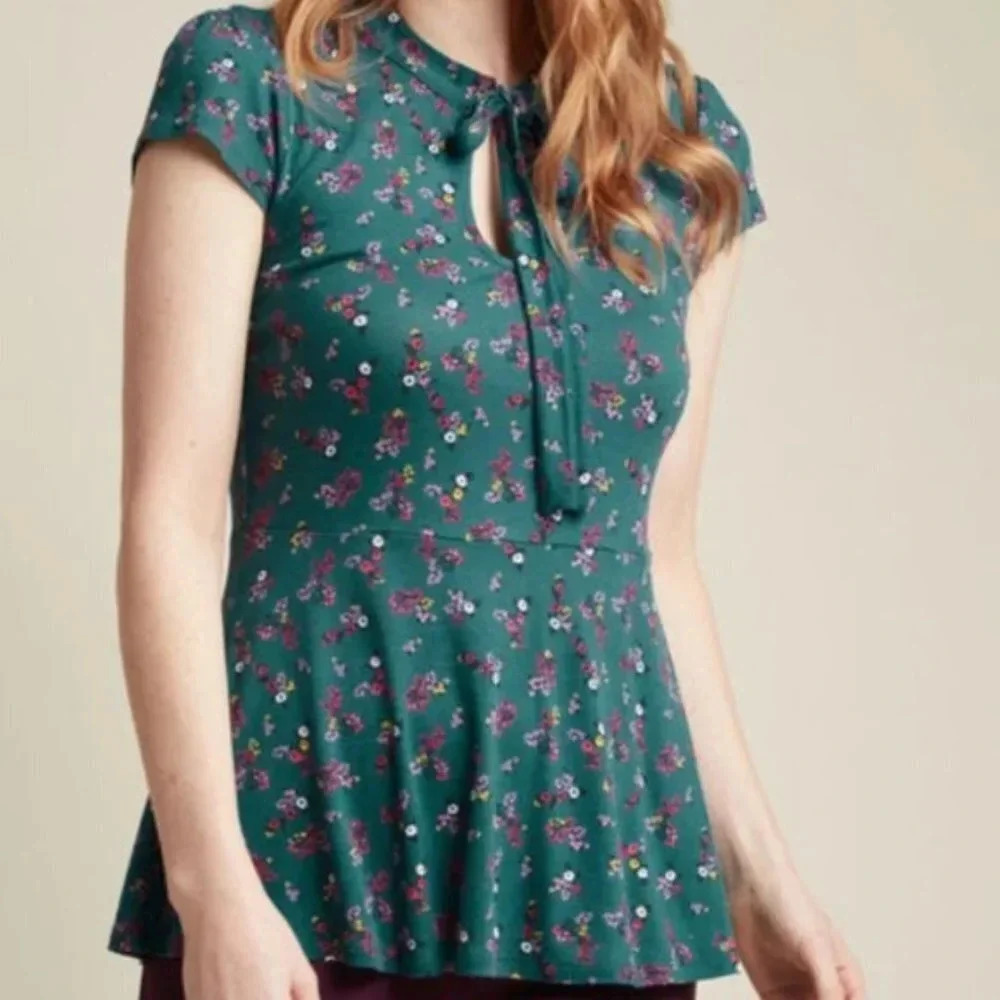 Modcloth Teal Floral Tie-Neck Peplum Blouse
